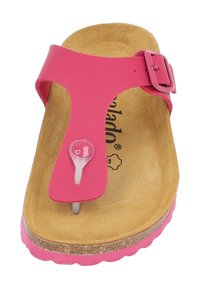 Różowa klapka z teksturowaną korkową wkładką, regulowanym paskiem i plastikowym zapięciem, z otworem na palce.