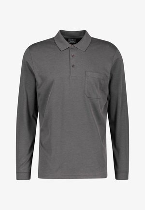 Langärmliges Poloshirt aus dunkelgrauem Stoff, mit einem Kragen, einer Drei-Knopf-Leiste und einer einzelnen Brusttasche. Glatte Textur.