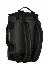 Borsa a duffel nera con spallacci imbottiti, materiale resistente, manico superiore e fibbie laterali regolabili; presenta un logo sulla parte anteriore.
