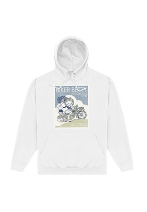 Biała bluza z kapturem z graficznym nadrukiem postaci motocyklistki na motorze oraz napisem "Biker Betty Motorcycle Club" i "Since 1930".
