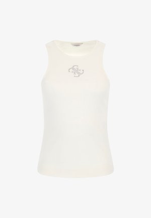 Witte geribbelde tanktop met een ronde halslijn en brede armsgaten, met een zilveren logo-ontwerp aan de voorkant. Smooth textuur en aansluitende pasvorm.