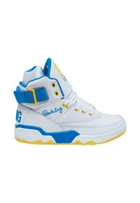 High-top sneakers in white leather with blue and yellow accents. Features include a padded collar, laces, and a prominent logo on the side.