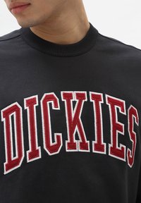 Černá mikina s výrazným vyšitým logem "DICKIES" v červené barvě orámovaným bílou. Design zahrnuje texturovanou tkaninu a žebrovaný límec.