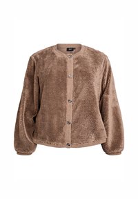 Veste en fausse fourrure marron avec un col rond, fermeture à boutons à l'avant et manches longues. Surface texturée et couture légèrement cropped.