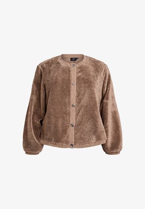 Brun fuskpälsjacka med rund hals, knappstängning framtill och långa ärmar. Texturerad yta och något kortad nederkant.
