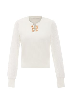 Maglione bianco lavorato a maglia con maniche lunghe in pizzo trasparente. Presenta un collo rotondo e bottoni decorativi dorati disposti in un motivo a catena.