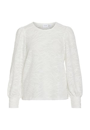 Fehér, hosszú ujjas felső, amely texturált anyagból készült, hullámos mintával, kerek nyakkivágással és puffos ujjal, amelyek fitted mandzsettába végződnek.