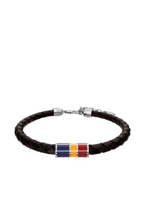 Geflochtenes dunkelbraunes Lederarmband mit silberner Schließe und zentralem zylindrischem Perle in blau, gelb und rot.