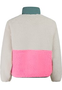Pluche fleecejack met beige bovenstuk, roze onderste achterpaneel en groene opstaande kraag, gezien van achteren.