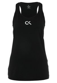 Schwarzes Calvin Klein ärmelloses Tanktop mit weißem CK-Logo auf der Brust, Rundhalsausschnitt und Racerback-Stil.