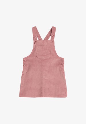 Roze corduroy jumpsuit jurk met verstelbare schouderbanden, voorzak en knoopdetails aan de zijkanten. Soepele textuur en rechte snit.