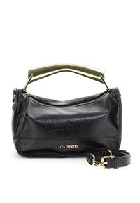 Borsa a mano nera in pelle con una finitura texturizzata, hardware dorato, manico rigido e tracolla staccabile. Dotata di chiusura con zip.