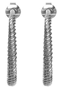 Ganci a spirale in metallo con una finitura argentata riflettente, fissati a basi circolari, caratterizzati da un design attorcigliato per aderenza e forza.