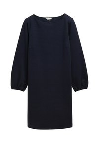 Kleid in Marineblau mit langen, gepufften Ärmeln und rundem Ausschnitt. Aus strukturiertem Stoff gefertigt, mit minimalen Nähten und einer A-Linien Silhouette.