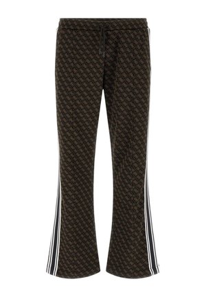Pantaloni svasati neri e marroni a motivo con vita regolabile a coulisse e strisce laterali. Presentano un logo ripetuto e una texture del tessuto morbida.