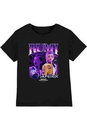 Black t-shirt featuring animated character Rumi in yellow jacket with purple hair against neon purple background and text "RUMI HUNTRX KPOP DEMON HUNTERS."