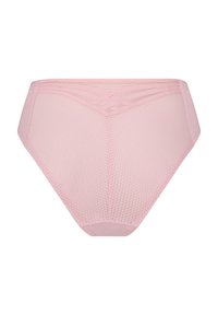 Růžové vysoké kalhotky vyrobené z texturované tkaniny, s hladkým pasem a křížovými detaily na zadní straně, navržené pro plné pokrytí.