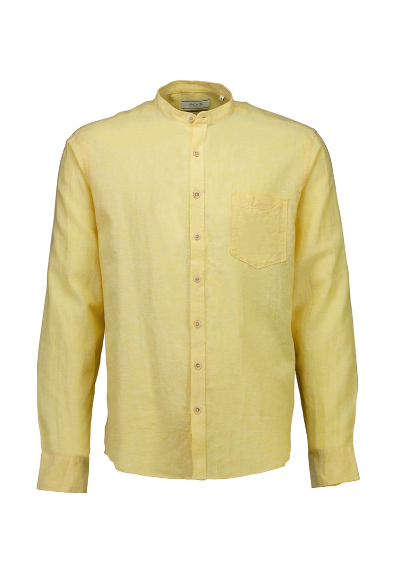 Lichtgeel linnen overhemd met lange mouwen, een staande kraag, knoopsluiting aan de voorkant en een borstzak. Gladde textuur en eenvoudig design.
