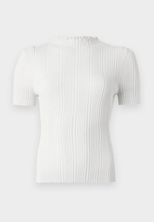 White ribbed short-sleeve top with a high neck and textured finish. Features subtle vertical lines and a fitted silhouette.