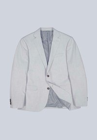 Hellgrauer Blazer aus strukturiertem Stoff mit Reverskragen und zwei Knöpfen, ausgestattet mit einem grauen Satinfutter und vorderen Taschen.