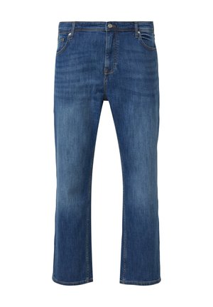Blauwe jeans met rechte pijpen, licht verweerd, voorzien van een knoop- en ritssluiting aan de voorkant en een ontwerp met vijf zakken.