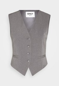 Szary kamizelka z dekoltem w serek, czterema guzikami z przodu i dwoma bocznymi kieszeniami. Gładki materiał o subtelnej fakturze, dopasowany fason. Widoczna metka marki.