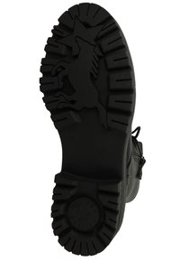 Suola di stivale in gomma nera con un motivo a rilievo, caratterizzata da un design di unicorno embossato e dettagli a forma di stella. Taglia 36 riportata sul lato.
