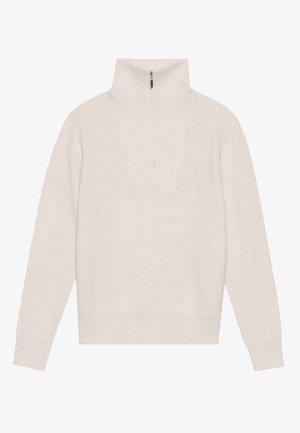 Suéter de cuello alto de manga larga en tejido de canalé de beige claro, con media cremallera en el cuello y una silueta cuadrada.