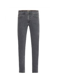 Slim-fit jeans van donkergrijze denim, voorzien van vijf zakken, een knoopsluiting en subtiele stiksels. Gladde textuur met een klassiek ontwerp.
