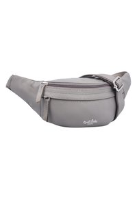 Grijze leren heuptas met een ritsvak aan de voorkant, rond van vorm en een verstelbare schouderband. Bevat subtiele stiksels en logodetail.