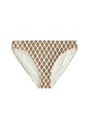 Kort pink bikiniunderdel med diamantformet bladmønster i mørkegrønne og gyldne toner på hvid baggrund.