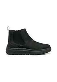 Bottes noires à la cheville au design épuré, avec en cuir lisse, des panneaux latéraux élastiques, une languette et des semelles en caoutchouc texturé pour une bonne adhérence.