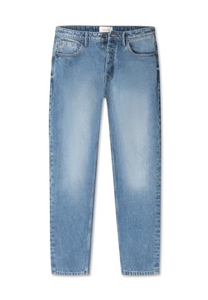 Lichtblauwe denim jeans met een rechte snit, vijf-pocket ontwerp en een vervaagde afwerking. De textuur is soepel met zichtbare stikselaccenten.