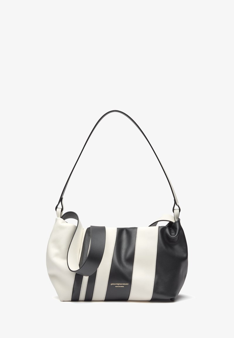 Black and white striped leather shoulder bag with slim strap and gold "Adolfo Dominguez" logo on front center.