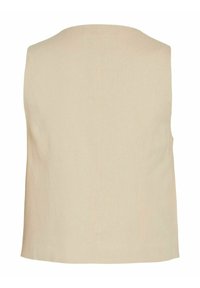 Béžový tílko s minimalistickým designem a hladkou texturou. Má kulatý výstřih a čisté, jednoduché linie. Bez viditelných detailů.