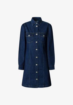 Denim jurk met een klassieke kraag, lange pofmouwen, twee borstzakken en knopen aan de voorkant. Diepblauwe kleur en iets uitlopende zoom.