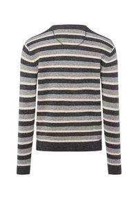 Gestreifter Pullover aus einem weichen Strickstoff in Grau und Creme. Er hat lange Ärmel und einen runden Halsausschnitt.
