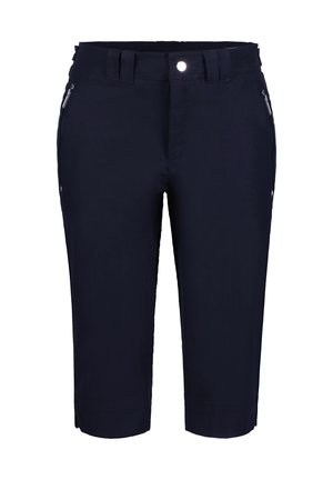 Marineblaue knielange Shorts mit Gürtelschlaufen, vorderem Knopfverschluss und seitlichen Reißverschlusstaschen.