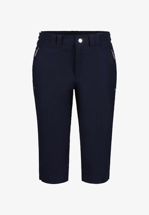 Pantalones cortos azul marino hasta la rodilla con trabillas para cinturón, cierre frontal con botón y bolsillos laterales con cremallera.