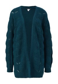 Teal strik cardigan med åben front, lange ærmer og et tekstureret bladmønster på stoffet. Blødt, kraftigt materiale med ribbede detaljer.