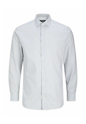 Chemise à manches longues rayée bleu clair et blanc, dotée d'un col boutonné, de boutons sur le devant et de poignets à rayures horizontales.