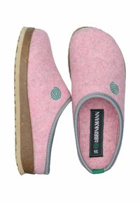 Pink felt slippers with a rounded shape, gray trim, green spiral accents, and a textured, cushioned sole. Logo tag visible inside.