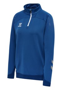Blå atletisk pullover med halvlukket krave, tekstureret stof og mesh-detaljer på skuldrene; har logo og sølvstrokes på ærmerne.