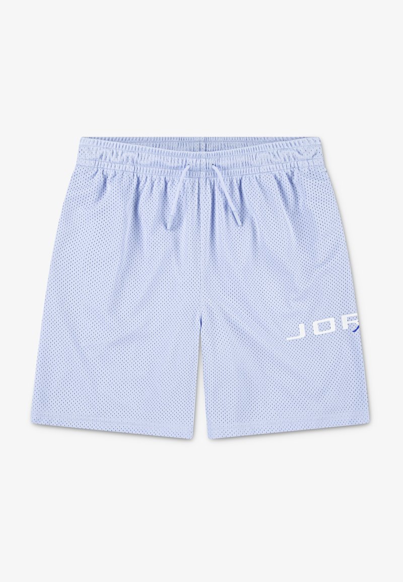 Light blue athletic shorts made of mesh fabric, featuring an elastic waistband and a white logo on the left side.