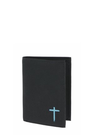 Portefeuille noir pliable avec un petit symbole de croix bleu clair dans le coin inférieur droit, présenté légèrement ouvert sur fond blanc.