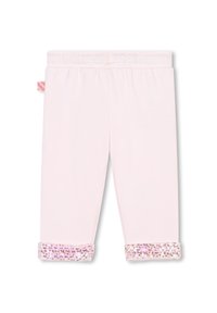 Leggings in cotone rosa chiaro con vita elastica e polsini decorativi impreziositi con paillette. Texture liscia e vestibilità comoda.