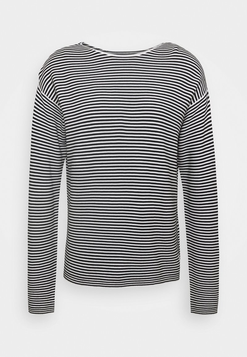 Haut à manches longues rayé noir et blanc avec un col large, une coupe décontractée et une texture douce. Ourlet droit et épaules légèrement tombantes.