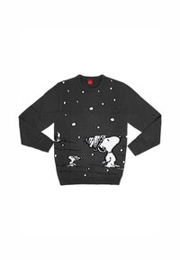 Gray knitted sweater featuring white cartoon characters amidst falling snowflakes. Crew neck, long sleeves with ribbed cuffs and hem.