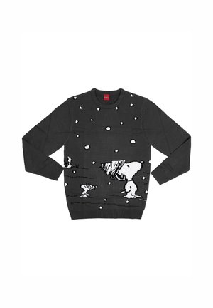 Grauer Strickpullover mit weißen Cartoonfiguren, die zwischen fallenden Schneeflocken abgebildet sind. Runder Halsausschnitt, lange Ärmel mit gerippten Bündchen und Saum.