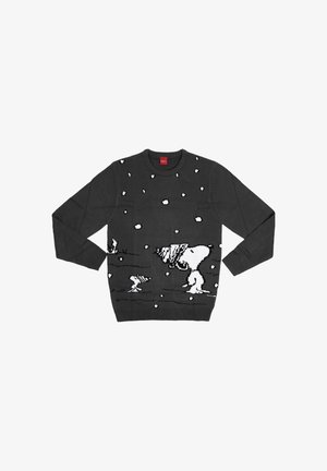 Maglione grigio lavorato a maglia con personaggi dei cartoni animati bianchi tra fiocchi di neve che cadono. Collo a giro, maniche lunghe con polsini e orlo a coste.